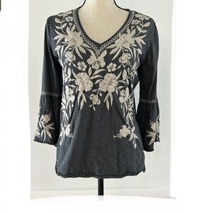 Johnny Was Adele Embroidered Jersey Top in Charcoal Gray Size XS
